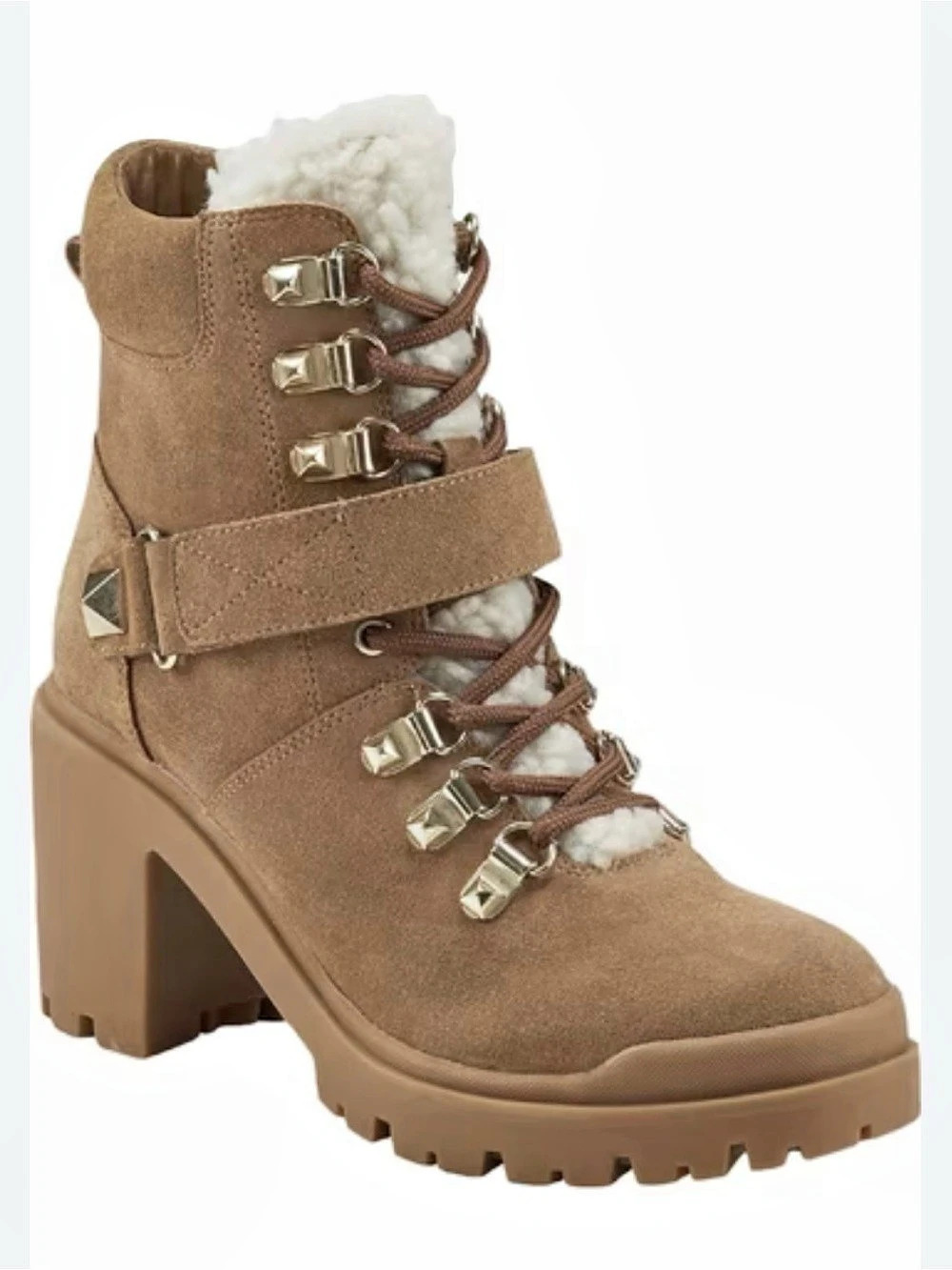 Marc Fisher Nature Suede Faux Fur Trim Combat Boots Medium  Brown Combat 7.5